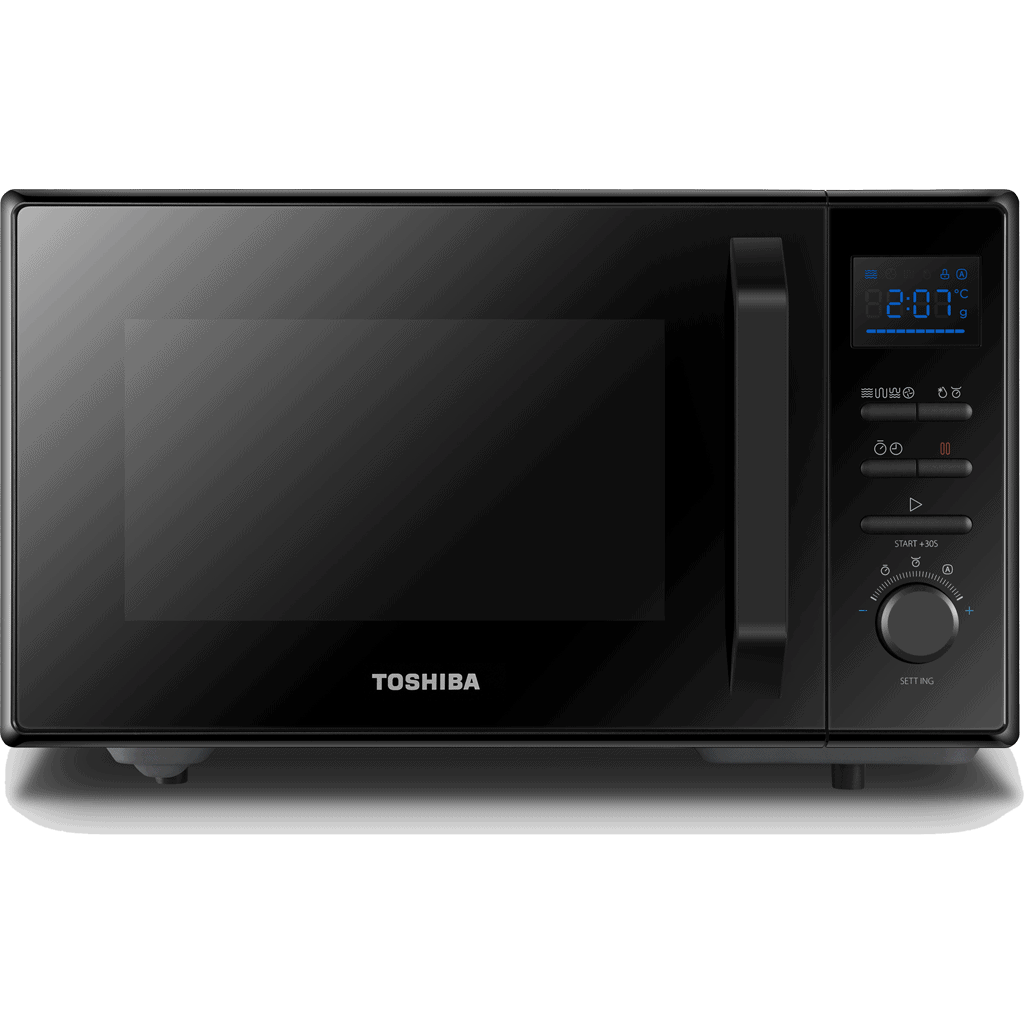 All-black convection microwave with a digital display.