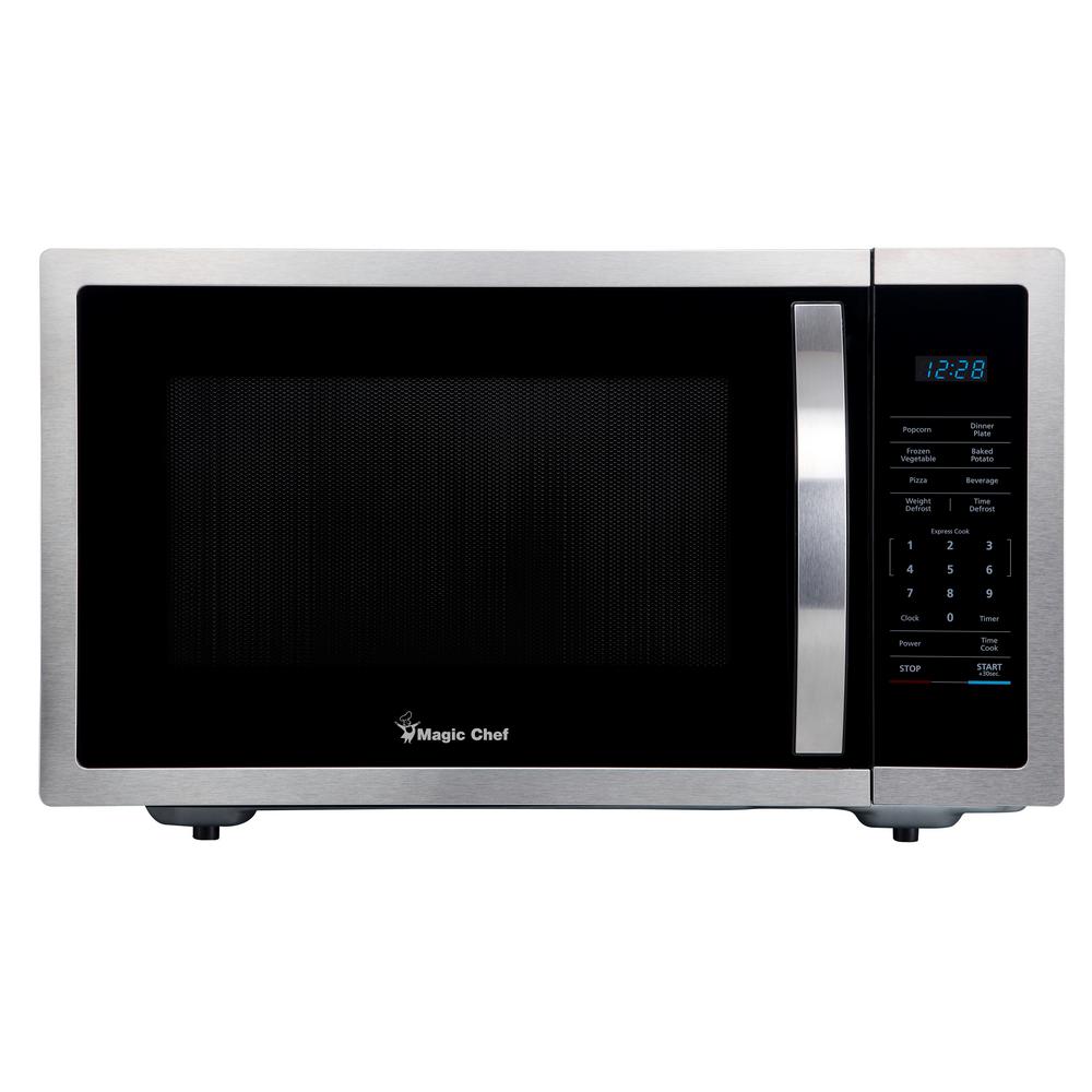 A countertop microwave with nonslip feet.