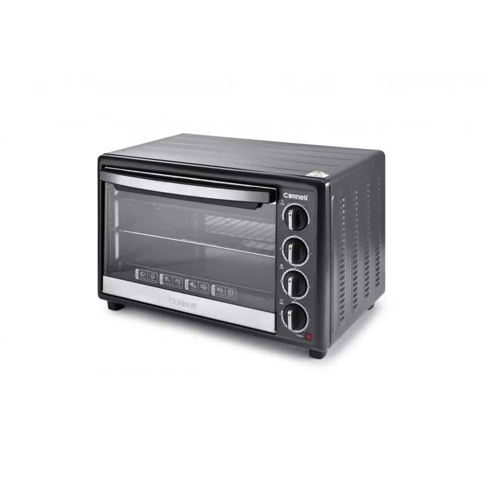 Convection oven with an elegant stainless steel plated door handle.