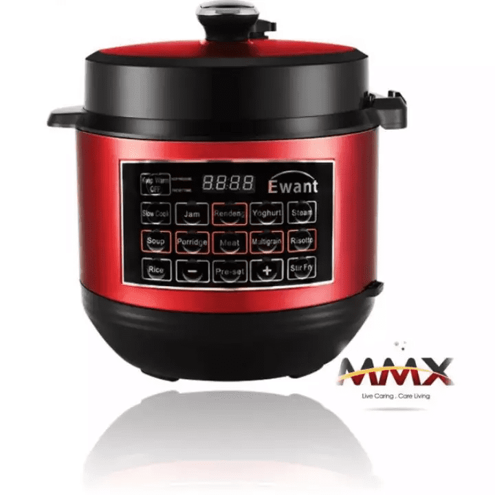 A multi-functional electric pressure cooker with red finishing.