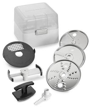 Food processor with multiple accessories.