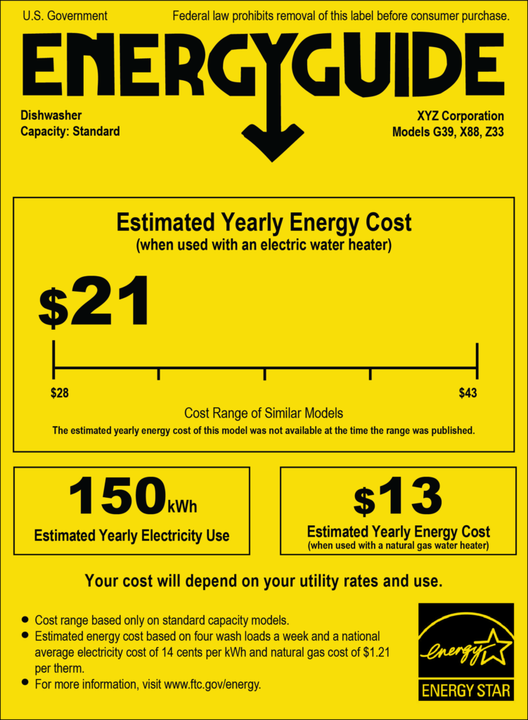 Energyguide label for a xyz corporation electric water heater, model c39, x88, z33, showing estimated yearly energy costs, with comparison to similar water heaters and energy use information, and indicating