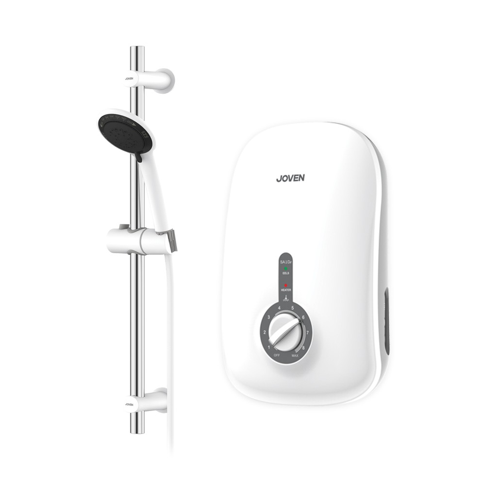 Electric water heater with adjustable temperature control knob and handheld shower head mounted on a bar.