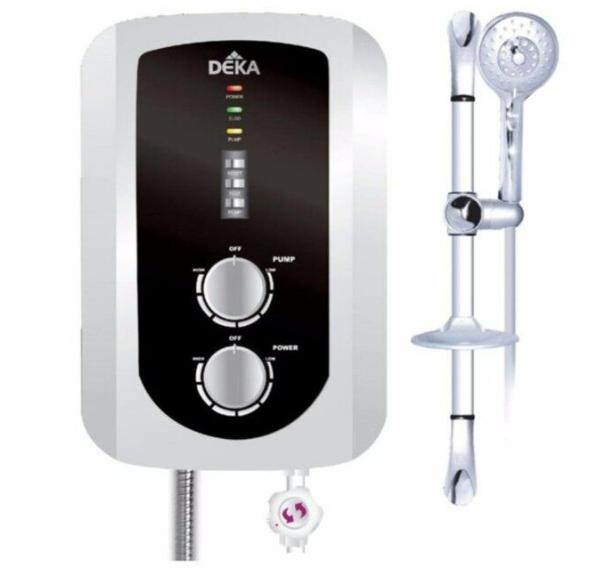 Electric water heater with temperature control knobs and attached hand-held shower head.